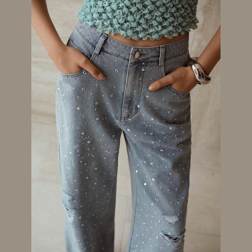 Silver Rhinestone Ripped Wide Leg Jeans - Picture 2 of 6